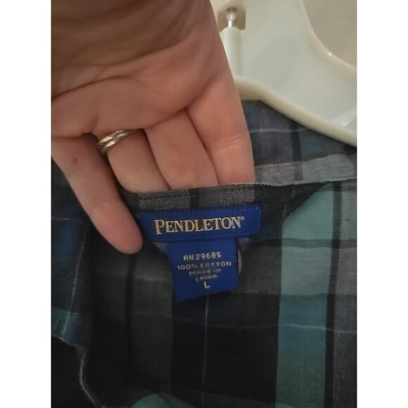 Pendleton Blue Green Plaid Pocket Long Sleeve Button Down Shirt Men's Size Large - Picture 4 of 4